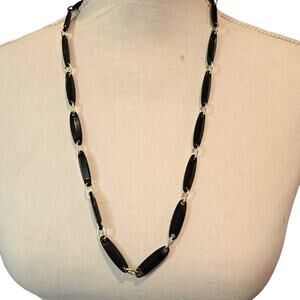 Black Acrylic Beaded Necklace Gold Tone Chain Link 28" Retro Light Weight